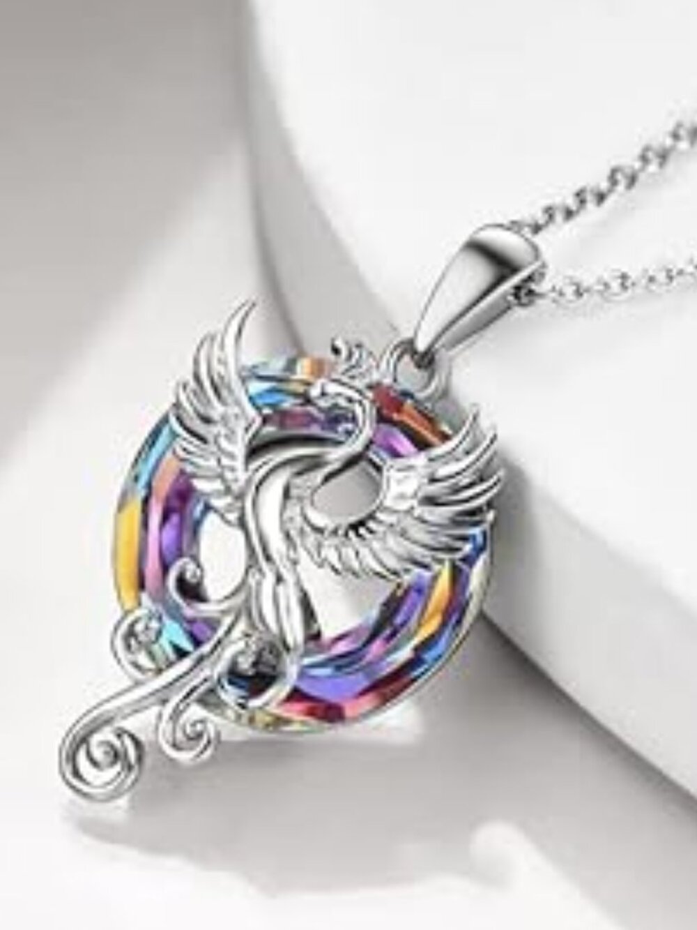Phoenix Bird Pendant Necklace with Silver Chain Colorful Good Luck Necklace